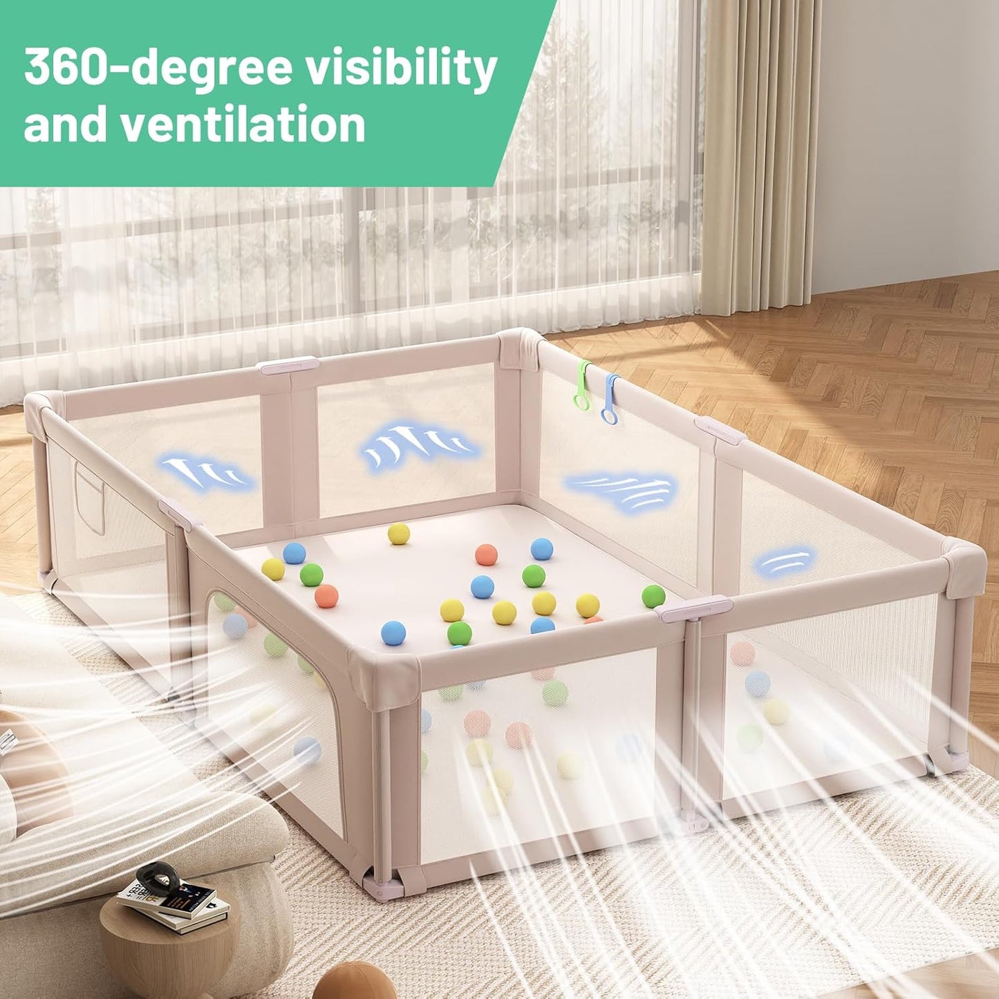 Foldable Playpen for Babies and Toddlers, 51" Portable Play Pen with Mat and Ocean Balls, Play Yard with with Visible Mesh for Inddor and Outdoor, No Assembly Required, Dark Gray