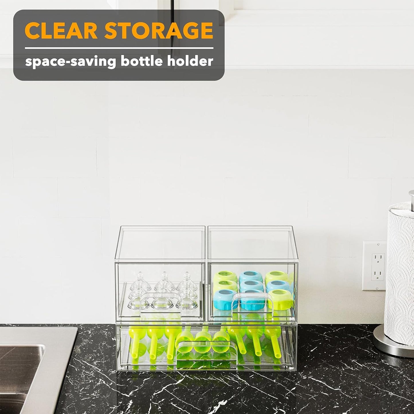 SpaceAid Bottle Storage Organizer Baby - Acrylic Bottles Station Organizer Container, Stackable Clear Drawers for Countertop, Vanity, Bathroom, Cabinet, Pantry Organization, 5 Pack, 2S2M1L, 15.4" H