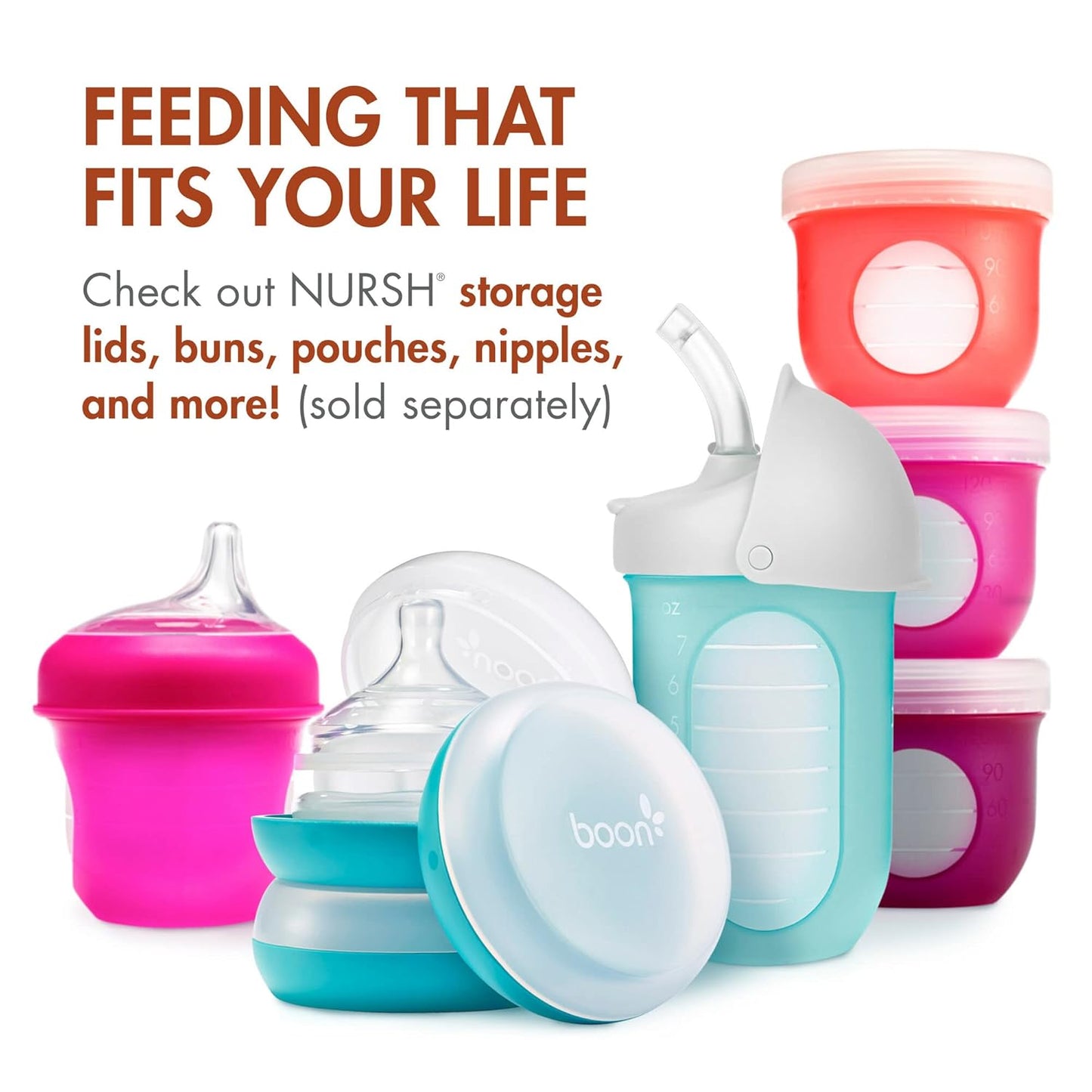Boon Nursh Reusable Silicone Pouch Baby Bottles - Medium Flow Nipple - Silicone Baby Bottle Pouch and Nipple - Baby Feeding Essentials - Gray - 3-6 Months - 3 Count - 8 Ounce