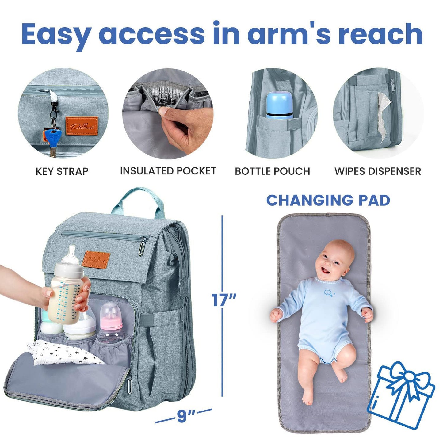 PILLANI Baby Diaper Bag Backpack - Large Waterproof Travel Diaper Bag for Boys & Girls, 16 Organizer Pockets with Changing Pad, Insulated Bottle Pockets & Stroller Straps, Baby Shower Gifts, Dinosaur