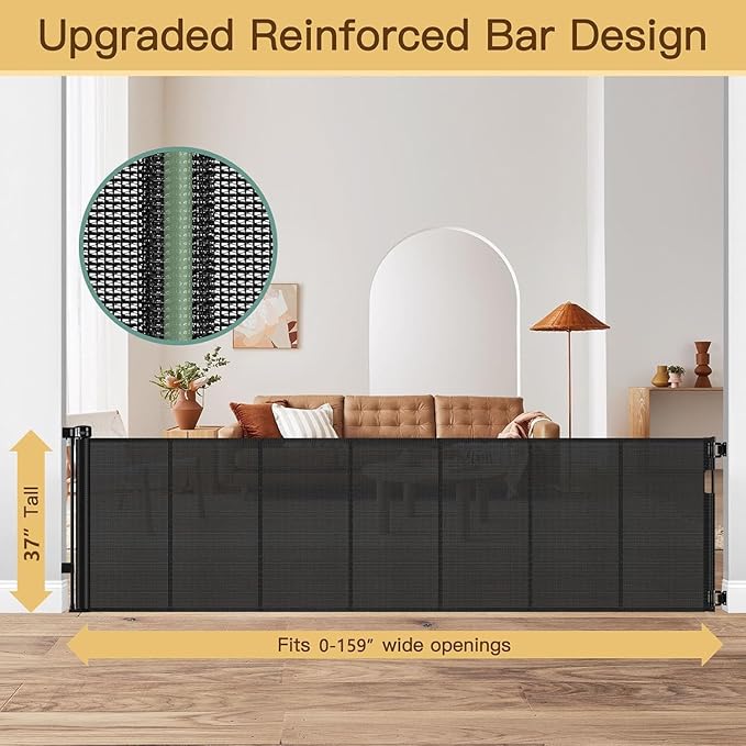 Reinforced 159 Inch Extra Wide Baby Gate for Large Opening with Support Rod, Indoor/Outdoor Retractable Baby Gates Extra Wide, Prevent Babies and Dogs from Crawling Through Retractable Dog Gate, Black
