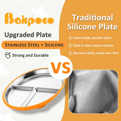 Bakpoco Stainless Steel Toddler Plate with Suction, 9” Divided Plates with Removable Silicone Sleeves for Kids, Non Toxic & BPA Free | Non Slip | Unbreakable Baby Snack Dishes Set of 2, Blue & Gray