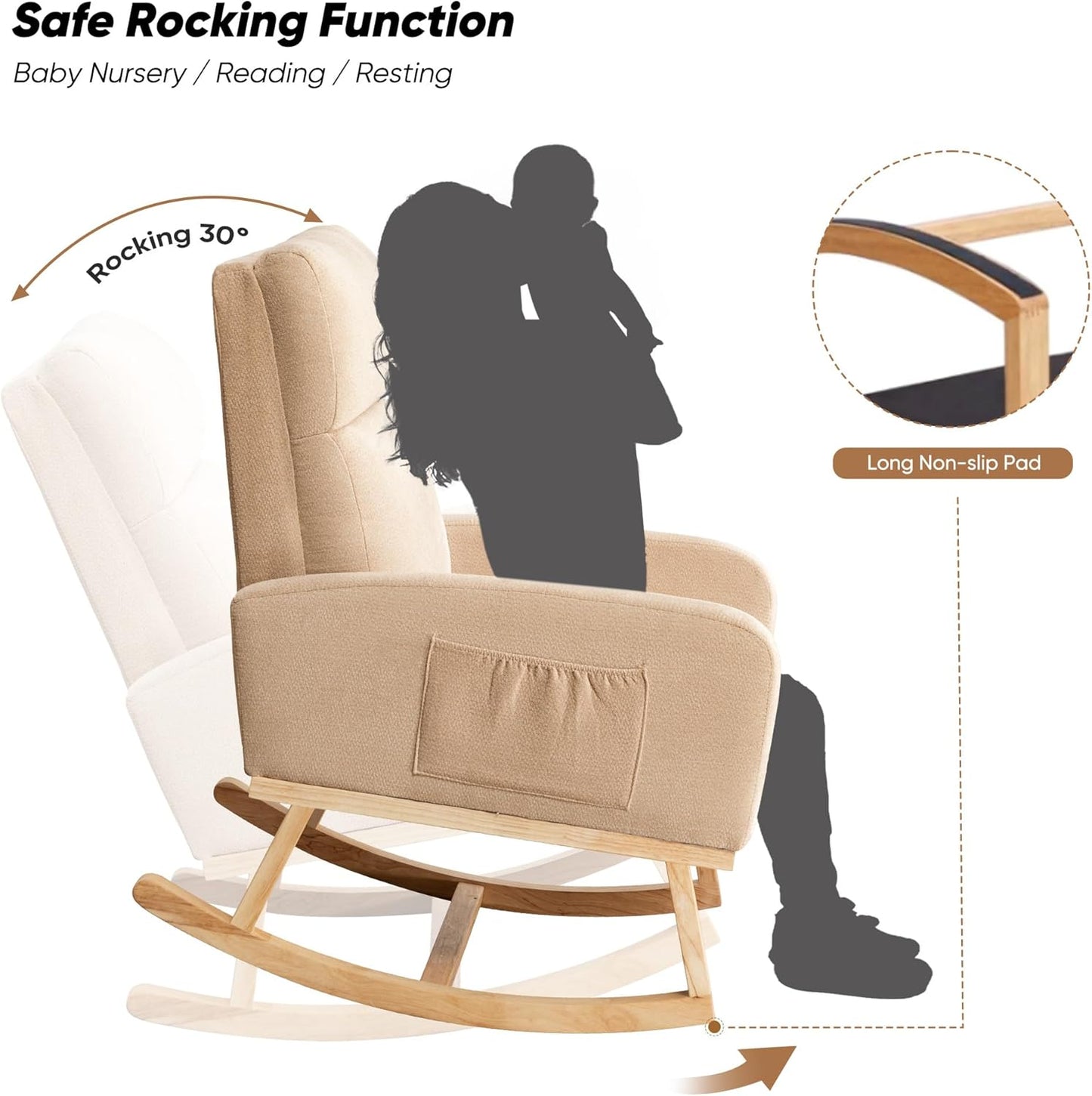 Rocking Chair Nursery, Upholstered Nursing Rocker Chair for Mom with High Backrest and Side Pockets for Bedroom Living Room, Beige
