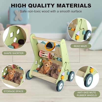 11-in-1 Montessori Baby Walker Toddlers Push Walker Wooden Activity Center Gift for 1 Year Old Boys Girls, Adjustable Speed & Quiet Wheels Learning to Walk Sensory Toys Baby Sit-to-Stand Walking Toys