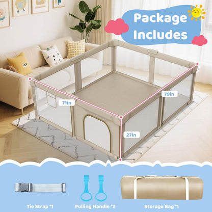 Foldable Baby Playpen: 71” x 59” Super Large Playpen for Babies and Toddlers - Portable Play Pen for Babies with Breathable Mesh & 2 Pulling Handle - Baby Play Yard for Outdoor & Indoor