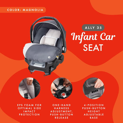 Baby Trend 2-Pack Infant Car Seat & Base with 5-Point Safety Harness, 4-Position Height Adjustment & Push-Button Release, Ally 35, Magnolia - Convertible Travel System & Support for Babies & Toddlers