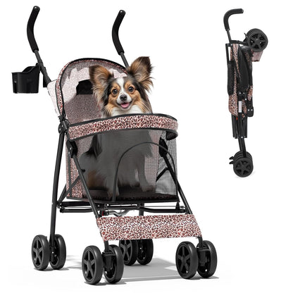Magshion Compact Pet Stroller for Small-Medium Dogs/Cats up to 22lbs, 4-Wheel Lightweight Umbrella Shaped Portable Puppy Travel Jogger with Breathable Mesh, Cup Holder & Rear Storage, Black