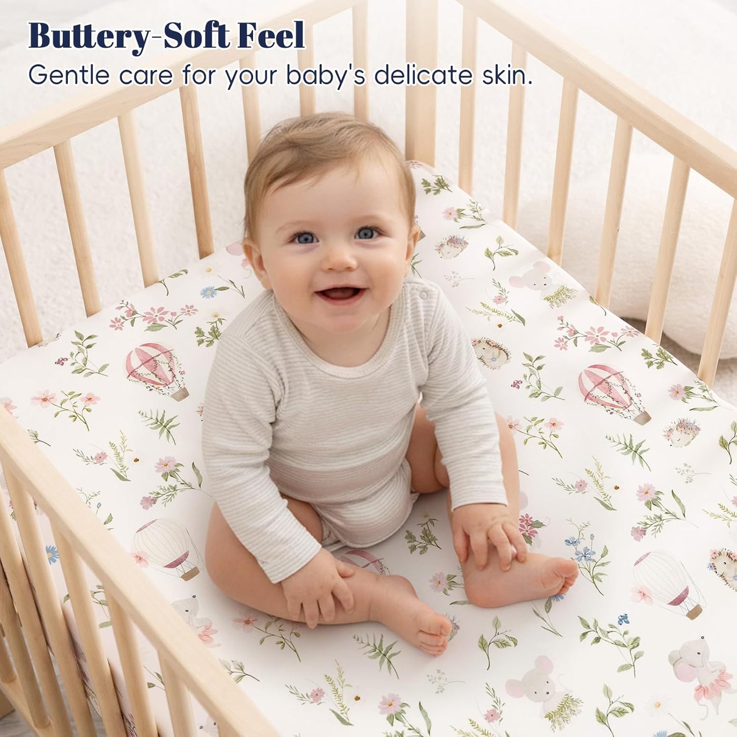 PHF 3 Pack Soft Mini Crib Sheets, Floral & Animal Pack N Play Sheets for Baby Boys Girls, No Slip Universal Fit for Pack N Play, Playard, Portable and Mini Crib Mattresses,Floral & Animal
