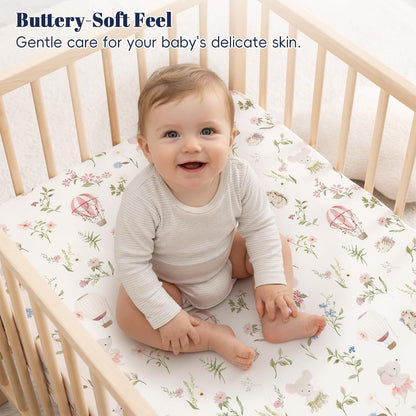 PHF 3 Pack Soft Mini Crib Sheets, Floral & Animal Pack N Play Sheets for Baby Boys Girls, No Slip Universal Fit for Pack N Play, Playard, Portable and Mini Crib Mattresses,Floral & Animal