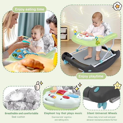 5 in 1 Foldable Baby Walker, Activity Baby Walker-Baby Bouncer, Rocker, Activity Center,Seat and Push Walker,Detachable Trampoline Mat, Adjustable Speed Rear Wheels and Height,Ages 6-18 Months(Green)