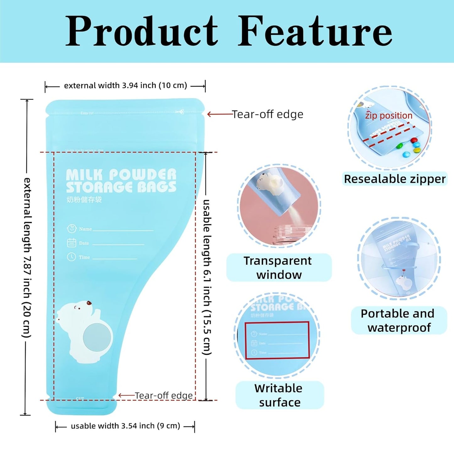 30 Pack 3.94x7.87 inch Writable Bulk Disposable Powder Bags for Travel Sample Dispenser Baby Formula Storage Container Transparent Window Portable Protein Powder Leakproof Pouches