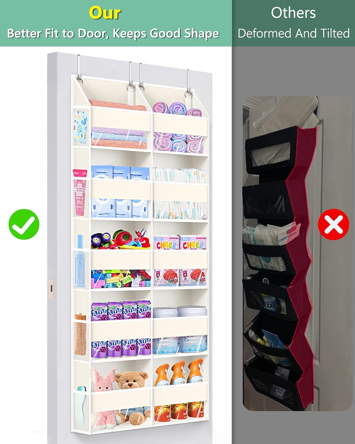 Heavy Duty Over The Door Organizer 5 Tiers, Extra Large Behind Door Storage of 10 Big Front & 10 Mesh Pockets, 80lb Weight Capacity, Hanging Doors Storage Organizer for Closet Bedroom Nursery, Grey