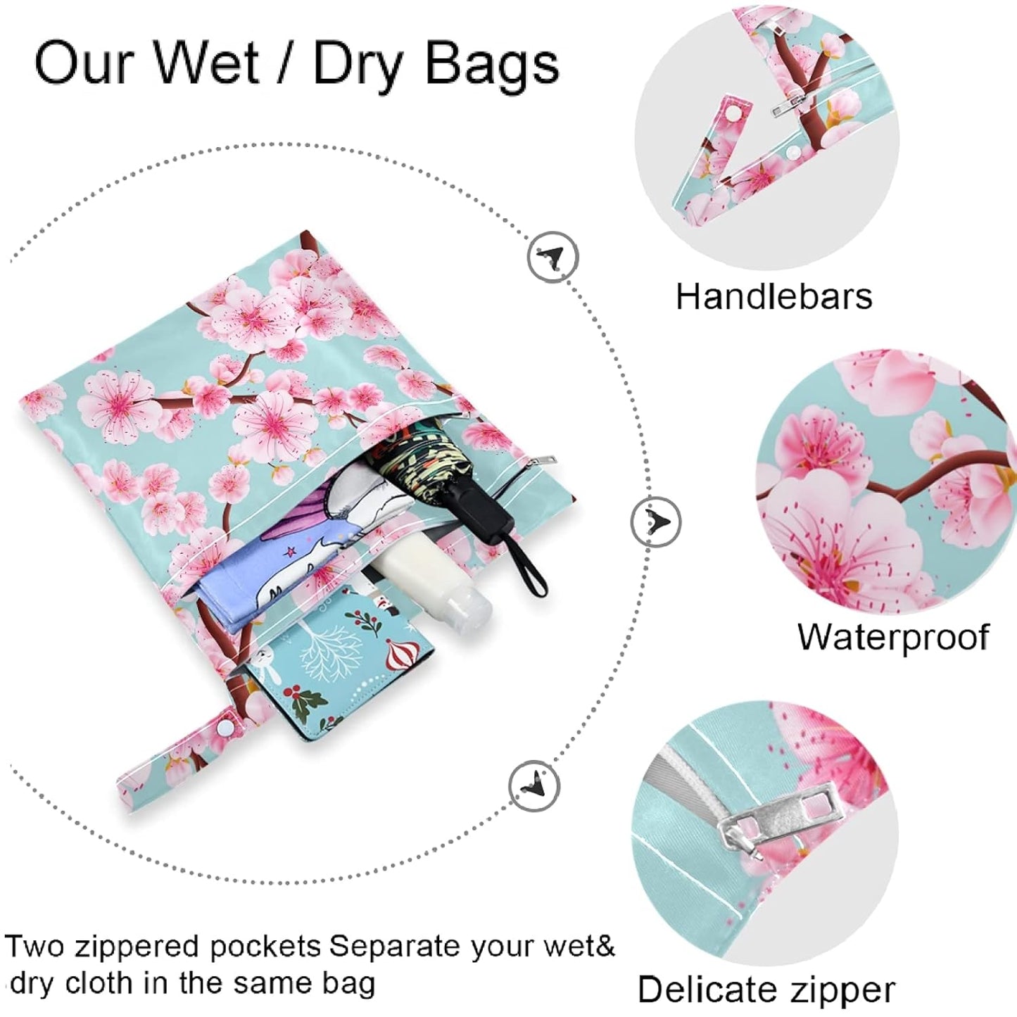 visesunny Bright Human Skull 2Pcs Wet Bag with Zippered Pockets Washable Reusable Roomy Diaper Bag for Travel,Beach,Daycare,Stroller,Diapers,Dirty Gym Clothes,Wet Swimsuits,Toiletries