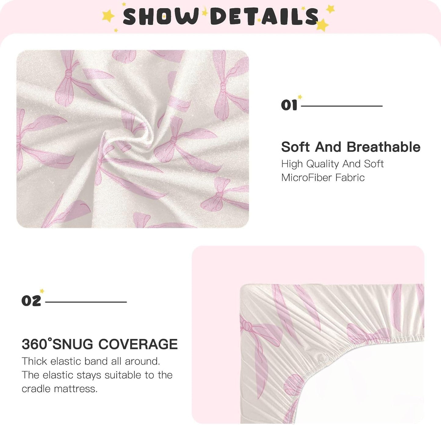 Fitted Crib Sheets Pink Checkered and Bows Stretchy Portable Playard Sheets for Baby Toddler, Breathable Soft Mini Crib Mattress 39 x 27 in for Boys and Girls