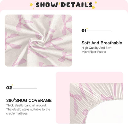 Fitted Crib Sheets Pink Checkered and Bows Stretchy Portable Playard Sheets for Baby Toddler, Breathable Soft Mini Crib Mattress 39 x 27 in for Boys and Girls