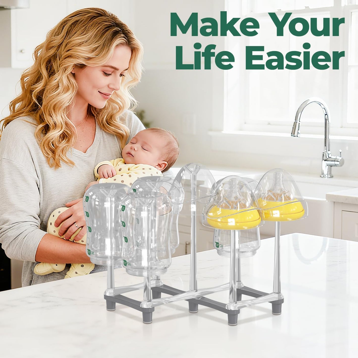 EsLuker.ly Baby Bottle Drying Rack Bamboo Vertical Dryer Holder, Space Saving for 12 Milk Glass Bottle Countertop, Wooden Drain Stand Shelf for New Parents