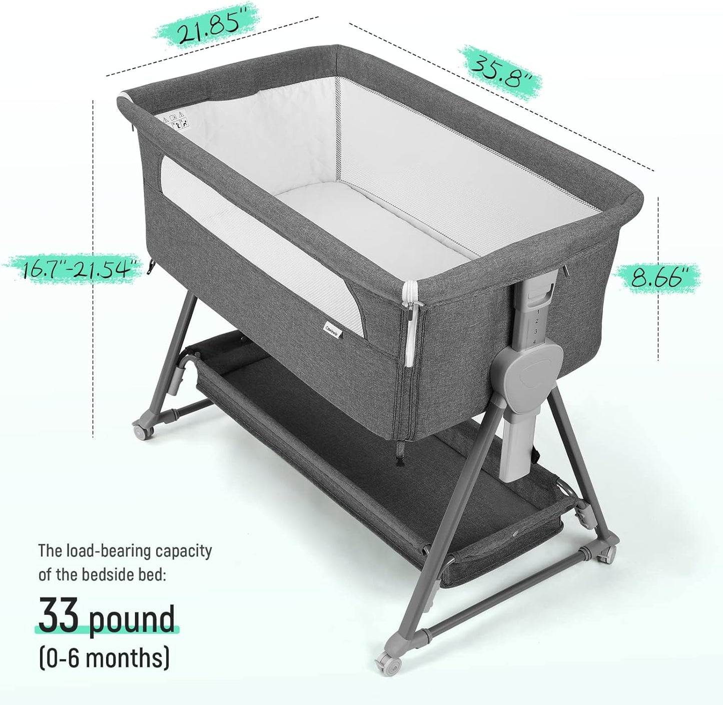 Cowiewie Bassinet Bedside Sleeper, Baby Bassinet with 7 Adjustable Height, Bedside Bassinet for Baby with Storage, Breathable Mesh & Mattress, Portable Bassinet Easy Folding (Pyramid Light Gray)
