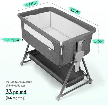Cowiewie Bassinet Bedside Sleeper, Baby Bassinet with 7 Adjustable Height, Bedside Bassinet for Baby with Storage, Breathable Mesh & Mattress, Portable Bassinet Easy Folding (Pyramid Light Gray)