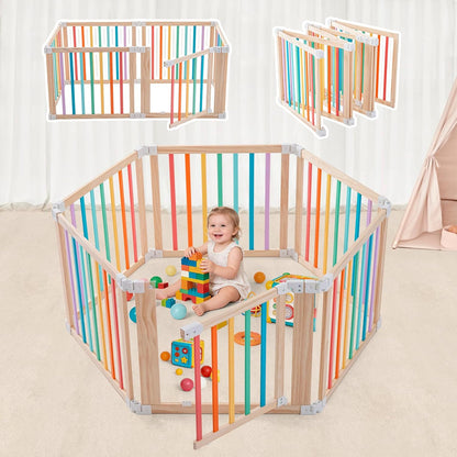 Foldable Wooden Playpen-51x51x25in-Large Baby Gate Playpen with Child-Proof Lock-Easy Assembly, Portable Design for Babies & Toddlers- Shape& Size Adjustable Baby Fence Play Area (Wood, 6 Panel)
