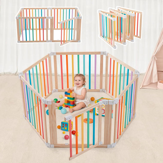 Foldable Wooden Playpen-51x51x25in-Large Baby Gate Playpen with Child-Proof Lock-Easy Assembly, Portable Design for Babies & Toddlers- Shape& Size Adjustable Baby Fence Play Area (Wood, 6 Panel)