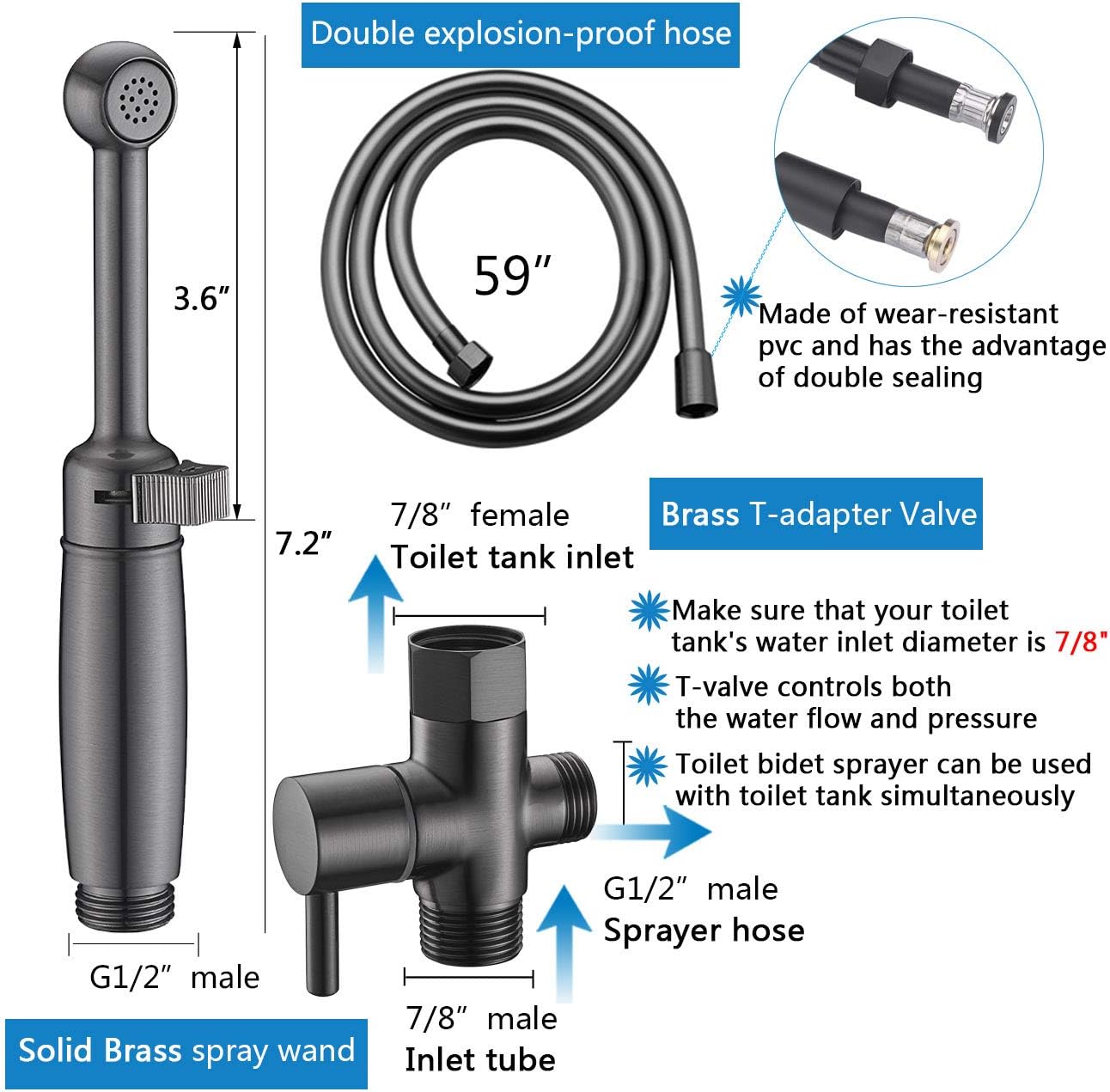 SonTiy Handheld Bidet Sprayer for Toilet, All Metal Cloth Diaper Toilet Sprayer Bidet Attachment with Backflow Preventer, Adjustable Water Jet Spray, 7.2" Brass Hand Held Bidet Wand, Chrome