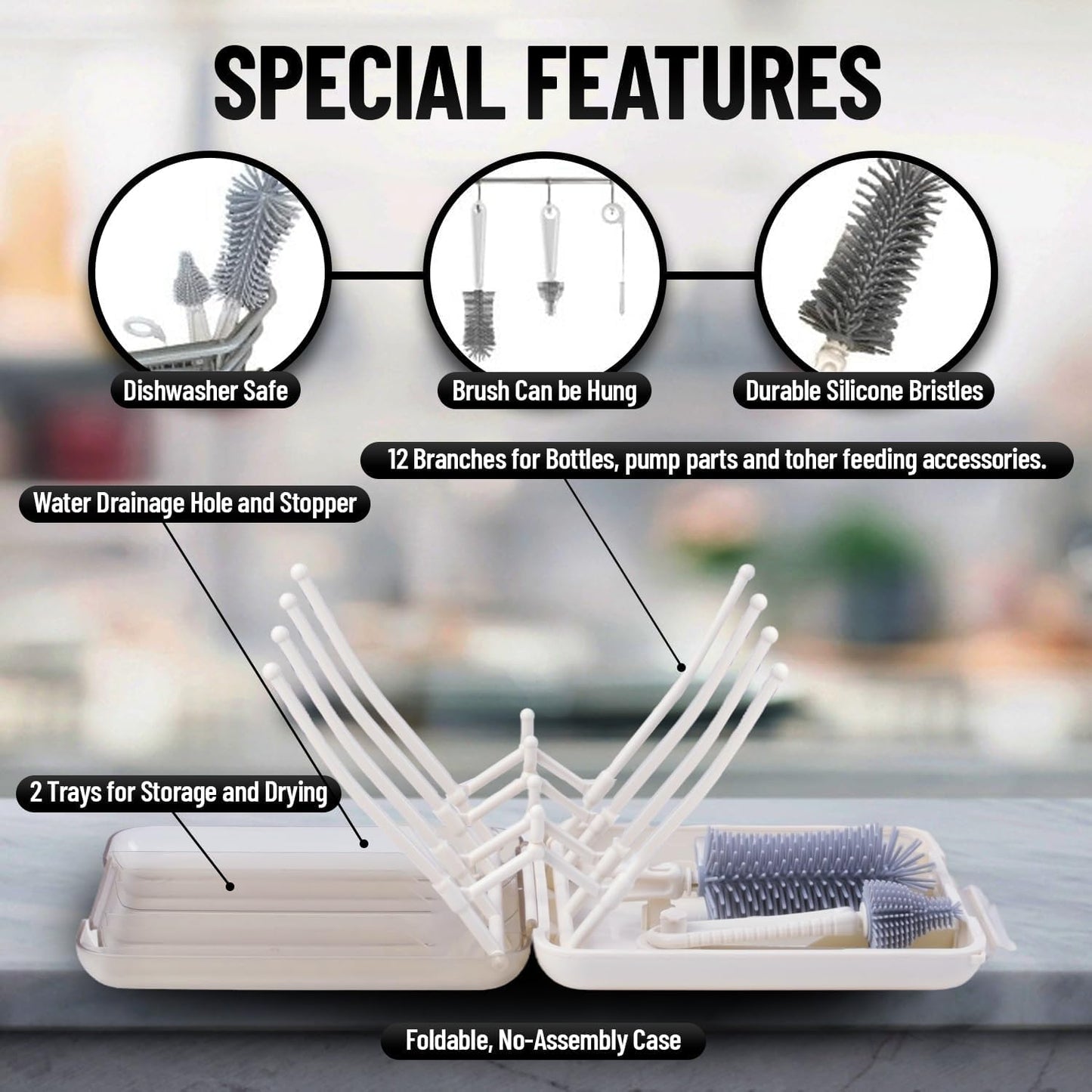 Bottle Cleaning Kit – BPA Free Brush Set, 6 in 1 Travel Bottle Cleaner Kit with Silicone Brushes for Bottle, Breast Pump, Straw, Nipple - Portable Bottle Washing Kit