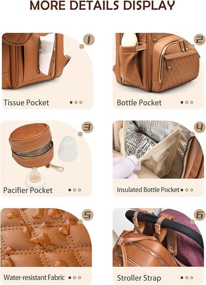 Diaper Bag Backpack with Changing Station, Newborn Essentials Must Haves, Water-Resistant Vegan Leather Diaper Backpack, Large Capacity Baby Travel Bag with Stroller Straps, Unisex Brown