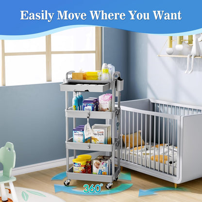 SUNALLY 3 Tier Rolling Cart with Drawer, Bathroom Storage Organizer with 2 Lockable Wheels, Multifunctional Rolling Storage Cart for Bathroom, Kitchen, Office, Craft, Makeup, Baby Essentials, White