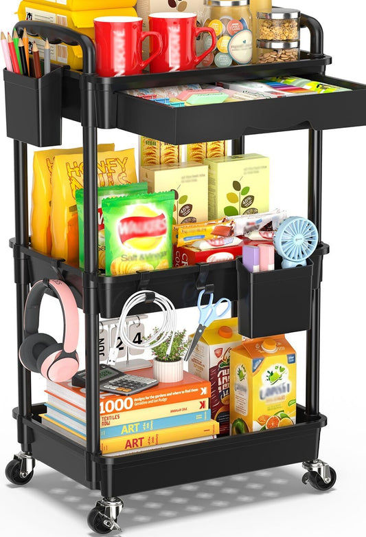 SUNALLY 3 Tier Rolling Cart with Drawer, Bathroom Storage Organizer with 2 Lockable Wheels, Multifunctional Rolling Storage Cart for Bathroom, Kitchen, Office, Craft, Makeup, Baby Essentials, White