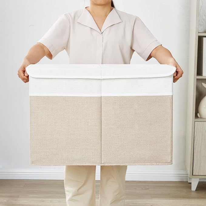 Bagnizer Large Toy Storage Box with Lids, Collapsible Sturdy Baby Storage Organizer Chest Bin Basket for Kids, Boys, Girls, Playroom, Nursery, Bedroom, Closet 25"x13"x16" (Beige and White)