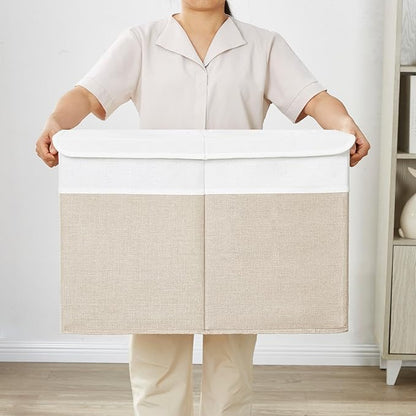 Bagnizer Large Toy Storage Box with Lids, Collapsible Sturdy Baby Storage Organizer Chest Bin Basket for Kids, Boys, Girls, Playroom, Nursery, Bedroom, Closet 25"x13"x16" (Beige and White)