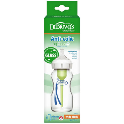 Dr. Brown's Anti-Colic Options+ Wide-Neck Glass Baby Bottle 9 oz/270 mL, with Level 1 Slow Flow Nipple, 1 Pack, 0m+ (Packaging May Vary)