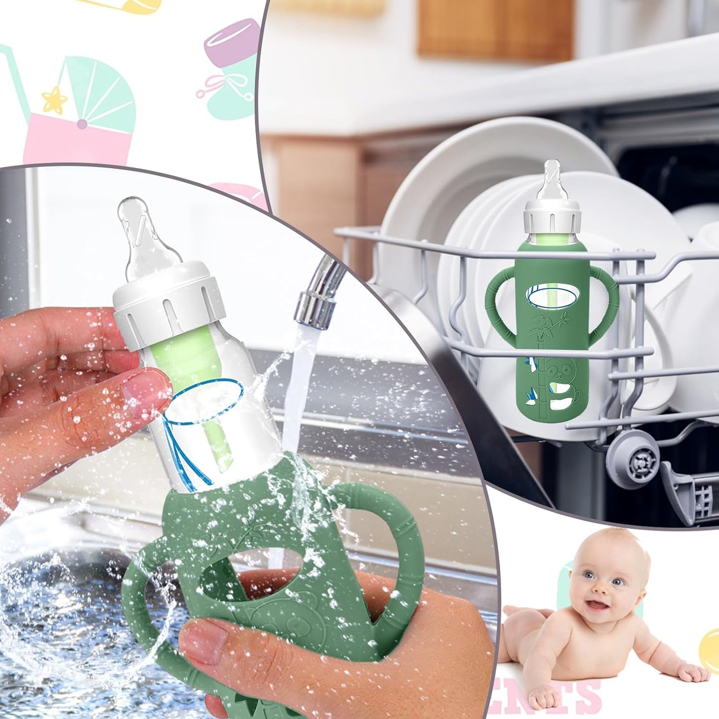 BUSOHA 3 Pack Silicone Sleeves for Dr Brown Glass Baby Bottles - Drop Protection Baby Bottle Sleeves,Compatible with Dr. Brown's Newborn Glass Bottles,with Silicone Handles,8 oz