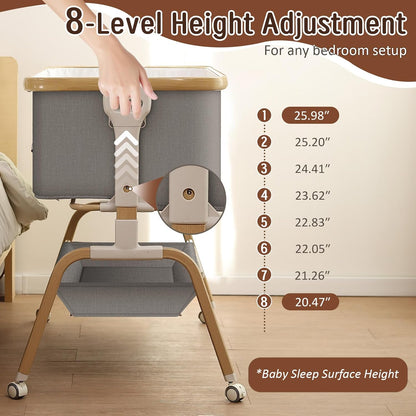 Rocking Baby Bassinet Bedside Sleeper, Detachable Portable Bassinet & Adjustable Crib with 8 Heights, Breathable Mesh, Storage Basket & Mobile Toy for Newborns to Toddlers(Oatmeal)