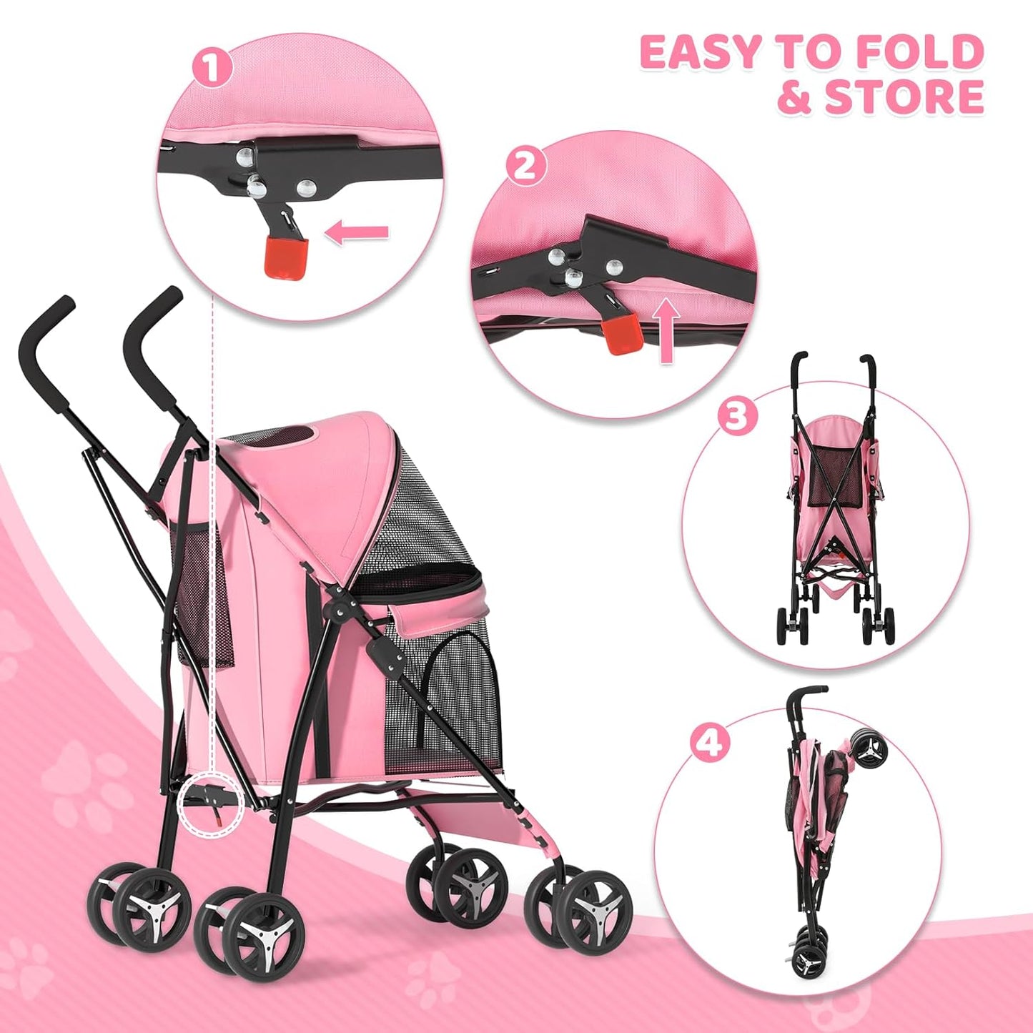 Magshion Compact Pet Stroller for Small-Medium Dogs/Cats up to 22lbs, 4-Wheel Lightweight Umbrella Shaped Portable Puppy Travel Jogger with Breathable Mesh, Cup Holder & Rear Storage, Black