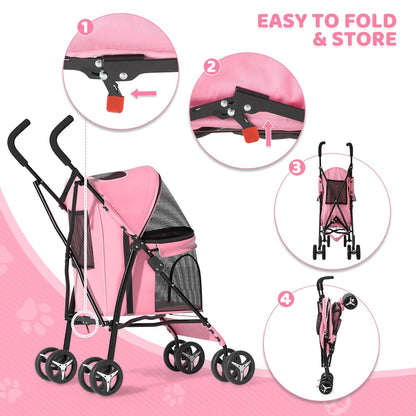 Magshion Compact Pet Stroller for Small-Medium Dogs/Cats up to 22lbs, 4-Wheel Lightweight Umbrella Shaped Portable Puppy Travel Jogger with Breathable Mesh, Cup Holder & Rear Storage, Black