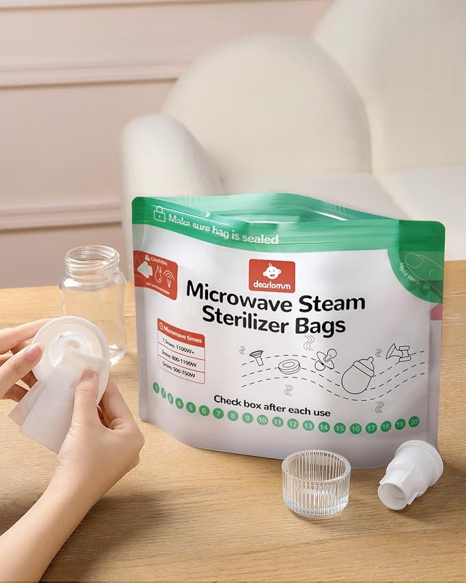 dearlomum Microwave Steam Sterilizer Bag for Baby Bottles 8 Count (20 Uses Per Bag), Reusable Travel Sterilization Pouches, Disinfection Container for Baby Pacifiers and Breast Pump Accessories