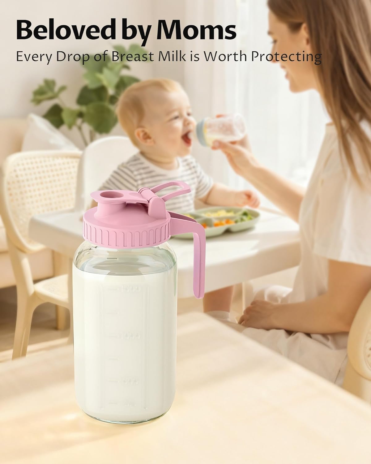 32oz Breast Milk Pitcher with Lid - Airtight Leakproof Glass Storage with Flip Cap & Pour Spout, Wide Mouth 1 Quart Breastmilk Storage Container Breastfeeding Essentials for Breastmilk, Formula, Milk