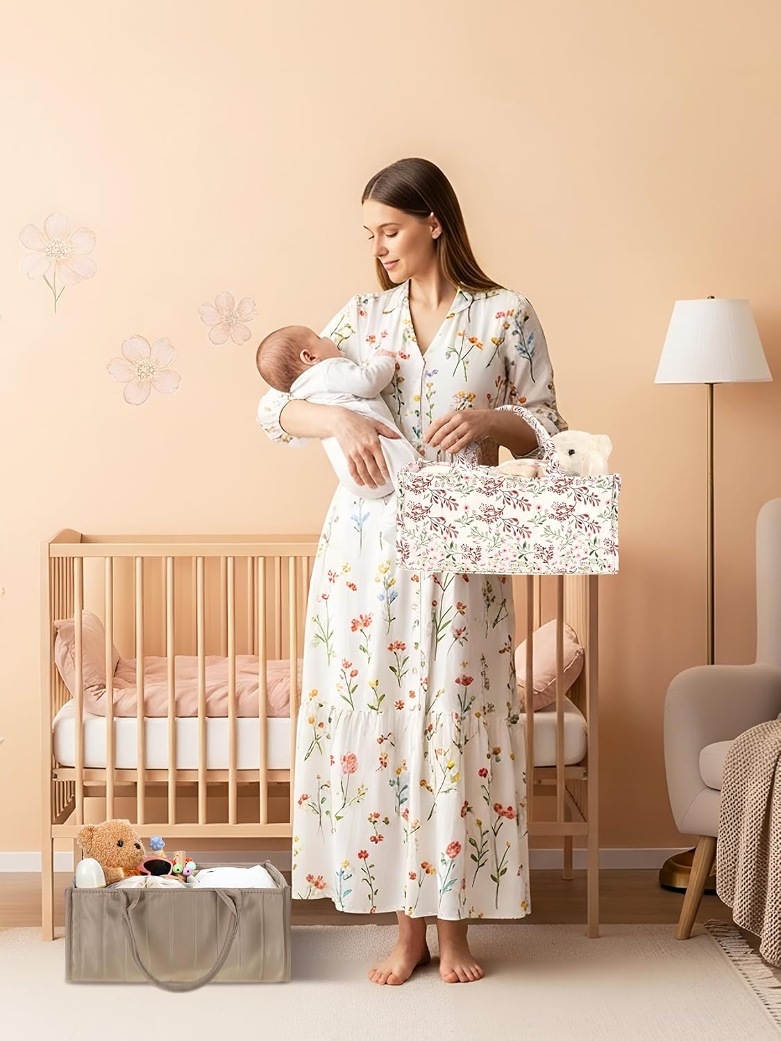 Shinylin 2 Pcs Diaper Caddy Organizer New Mom Gifts Stylish Brown Diaper Caddy Basket Floral Pastoral Daisy Nursery Storage Organizer Baby Shower New Parents Gifts for Baby Newborn Essentials