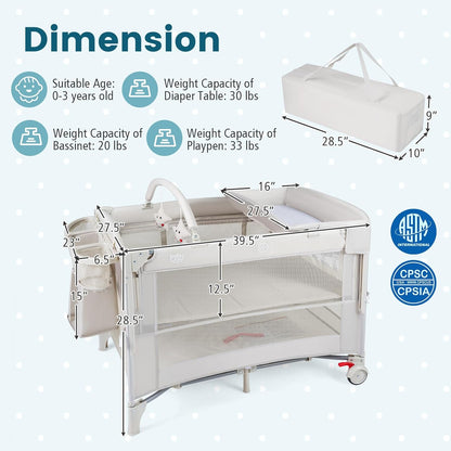BABY JOY 5-in-1 Pack and Play with Canopy, 4 Level Heights Baby Bedside Sleeper w/Bassinet, U-Shaped Changing Table, Safety Strap, Side Zipper, Portable Bedside Crib Playard from Newborn to Toddlers