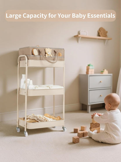 Fortella Baby Diaper Caddy, 3 Tier Rolling Storage Cart for Baby Essentials, Diaper Cart with Detachable Dividers, Storage Organizer & Baby Bottle Organizer for Bedroom, Living Room (Beige)