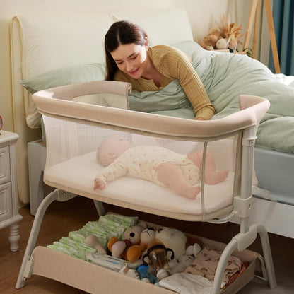 HARPPA Cuddly Lite Bassinet, 2 in 1 Baby Bassinet with Breathable Mesh and Mattress, 6 Height Adjustable, Bedside Sleeper with Anchor Strap, Storage Basket and Wheels, Light Grey