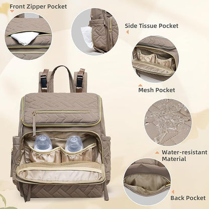 Omanmoli Diaper Bag Backpack Baby Large Travel Work School Backpack for Women with 17 Bag Organizers,4 Insulated Pockets,Portable Changing Pad,Stroller Buckles,Brown