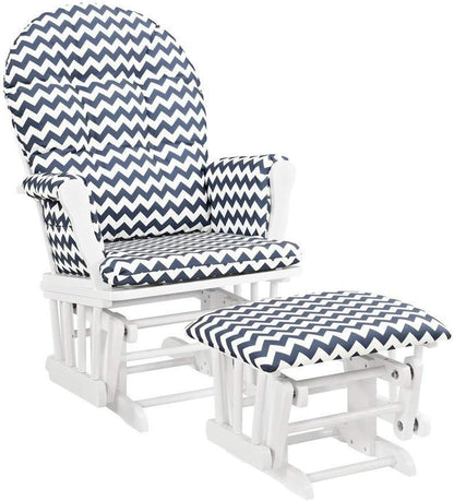 HomeStock Glider and Ottoman Set - Padded Arms, Storage Pockets, Metal Bearings White and Blue