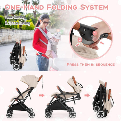 HONEY JOY Travel Stroller, One-Hand Quick Fold Lightweight Umbrella Stroller for Airplane, Wrist Wrap & Net, Multi-Position Recline, Overhead Friendly Compact Stroller for Newborn and Toddler(Gray)