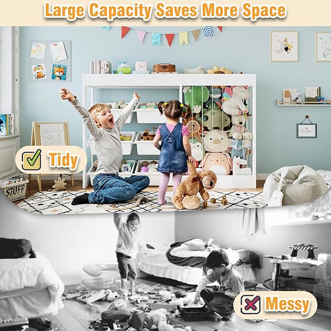 50.6" W Toy Organizers and Storage, 3-in-1 Kids Toy Storage Cabinet with Stuffed Animal Holder, 6 Plastic Removable Bins, Wooden Shelf for Girls Boys Playroom, Nursery, Kids Room(Pink)