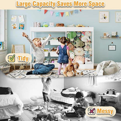50.6" W Toy Organizers and Storage, 3-in-1 Kids Toy Storage Cabinet with Stuffed Animal Holder, 6 Plastic Removable Bins, Wooden Shelf for Girls Boys Playroom, Nursery, Kids Room(Pink)