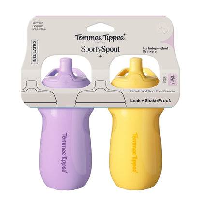 Tommee Tippee Insulated 9oz Sporty Spout Toddler Water Bottle, No Spill, Sippy Cups for Toddlers 1-3, Two-Piece Valve Helps Stop Spills, Green & Teal, BPA Free, Pack of 2