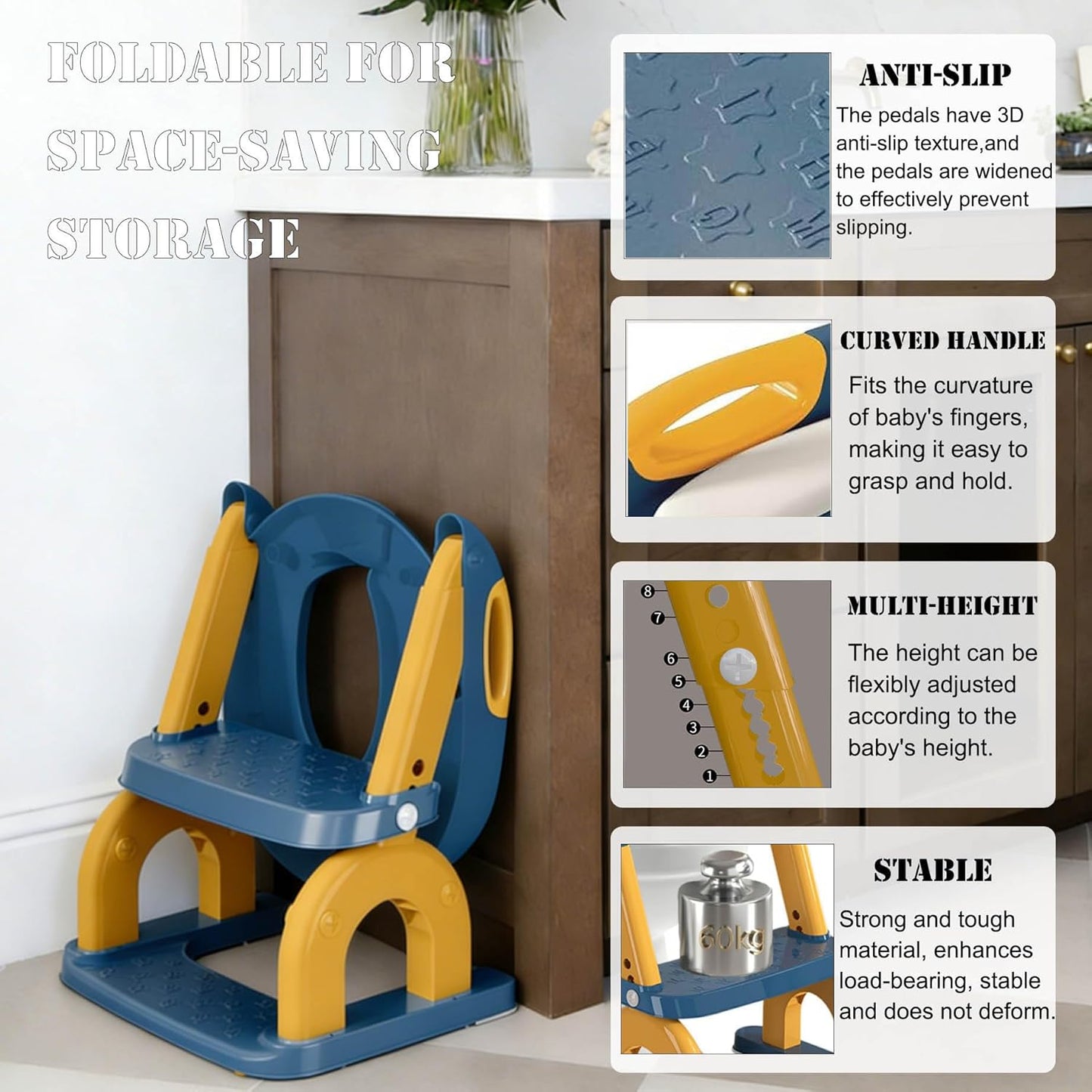 2-in-1 Potty Training Seat Toddler Potty Training Seat with Step Stool Foldable Ladder Adjustable Toddler Toilet Chair for Boys&Girls Splash Guard (Blue Yellow)