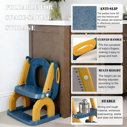 2-in-1 Potty Training Seat Toddler Potty Training Seat with Step Stool Foldable Ladder Adjustable Toddler Toilet Chair for Boys&Girls Splash Guard (Blue Yellow)